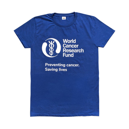 Blue t-shirt with World Cancer Research Fund logo and text on a white background