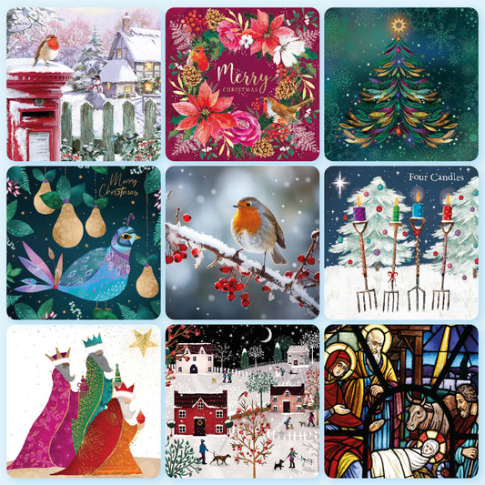 A 3x3 grid collage of festive Christmas-themed square cards or prints, featuring winter landscapes, floral arrangements, birds, candles, silhouettes of crowned figures, snow houses, and a stained-glass-style nativity scene.