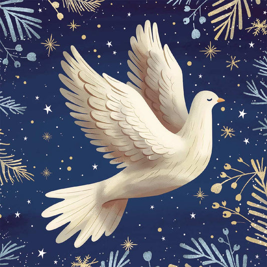 A white dove bird in flight centered against a dark navy blue background decorated with gold and light blue stars, pine branches, and small floral motifs.