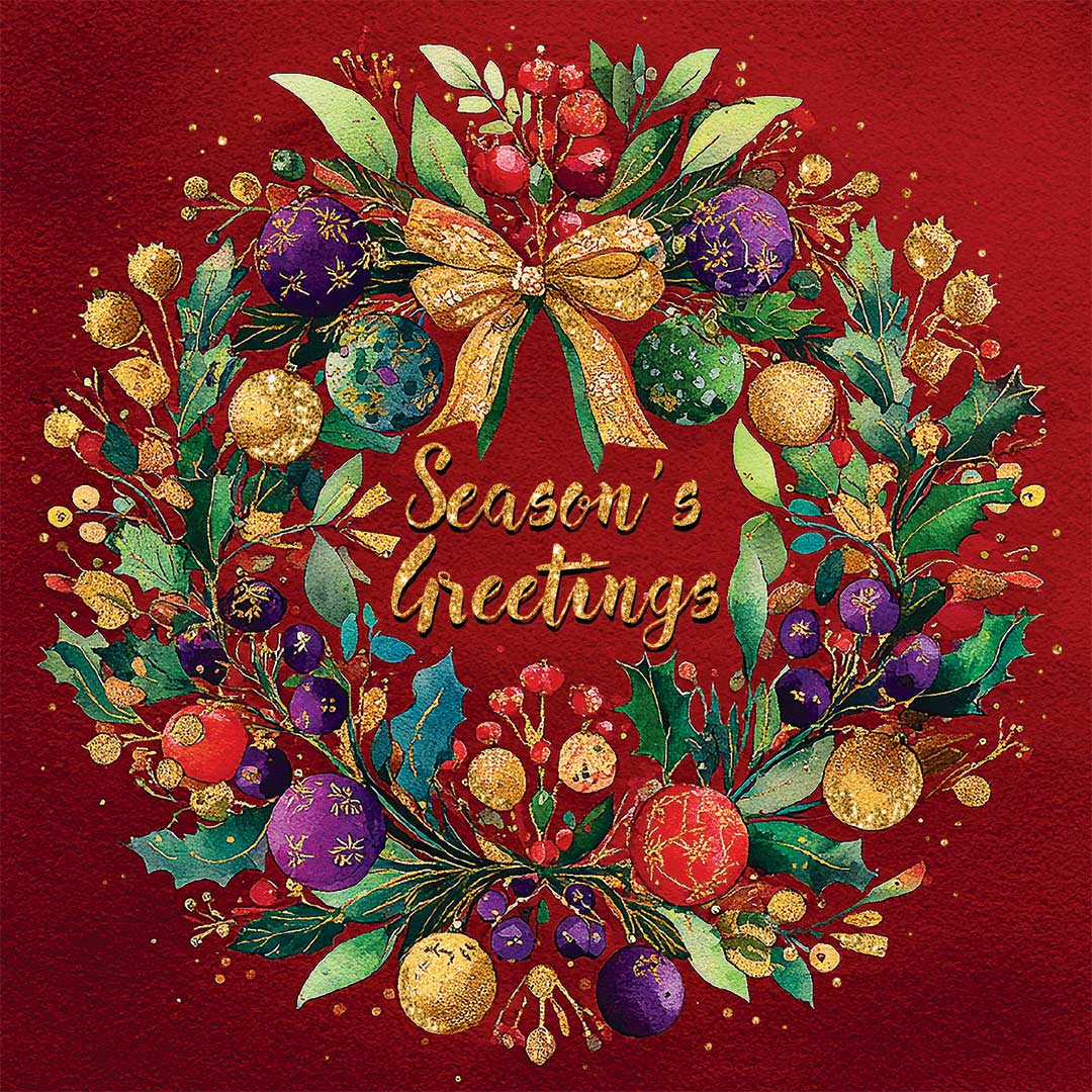 A festive Christmas wreath illustration on a deep red background, featuring green leaves, gold ornaments, purple berries, red berries, and a large gold bow with the words 'Season's Greetings' in gold script.