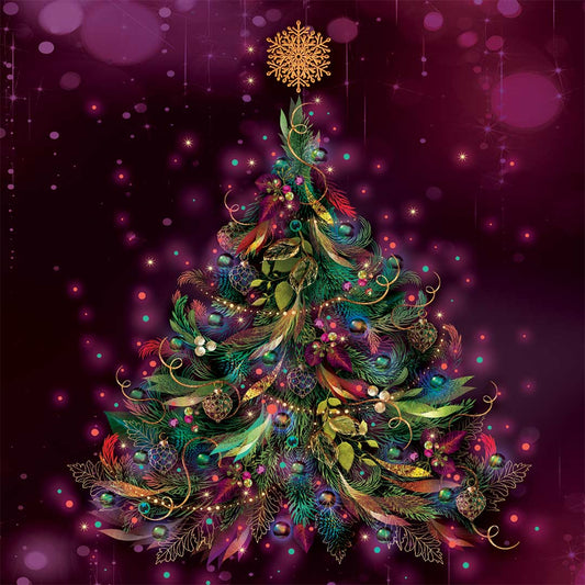 A stylized, colorful Christmas tree illustration with a gold snowflake topper, set against a dark purple and magenta bokeh background.