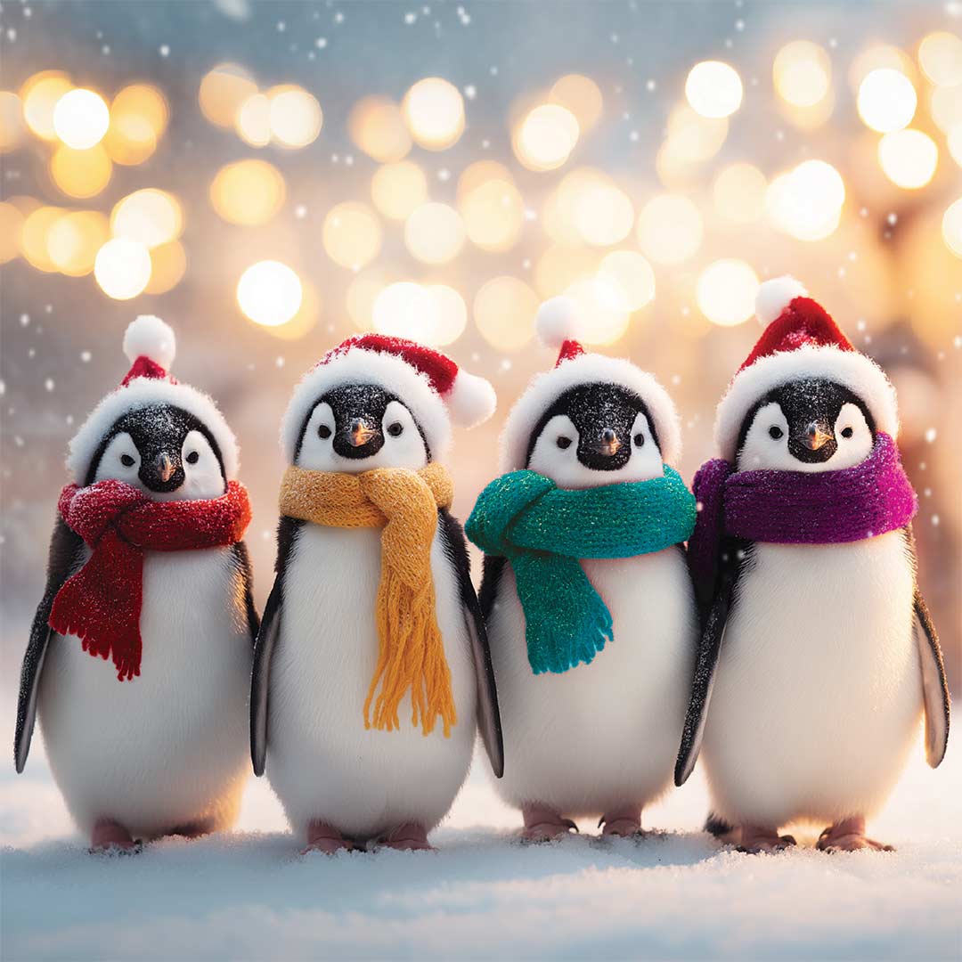 Four penguins standing in snow, each wearing a Santa hat and a colorful knit scarf in red, yellow, teal, and purple, with warm golden bokeh lights in the background.