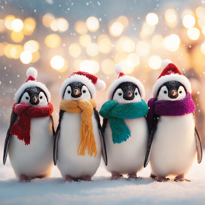 Four penguins standing in snow, each wearing a Santa hat and a colorful knit scarf in red, yellow, teal, and purple, with warm golden bokeh lights in the background.