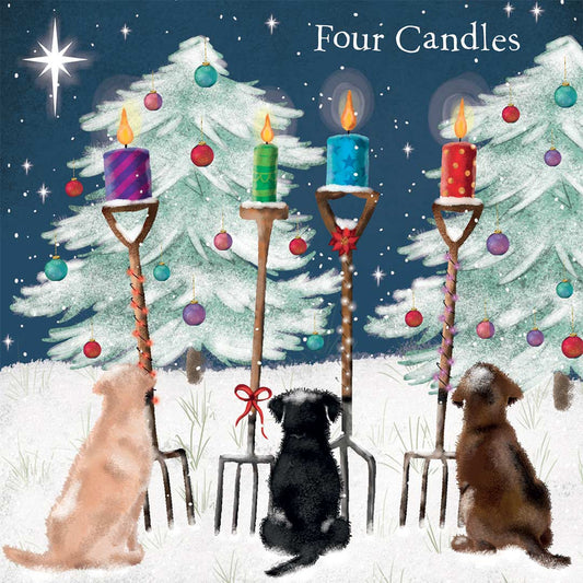 A festive Christmas illustration with four lit candles on tall stands placed in front of snow-covered evergreen trees, under a dark blue starry sky. Three dogs sit at the bottom: a light tan dog on the left, a black dog in the center, and a brown dog on the right.