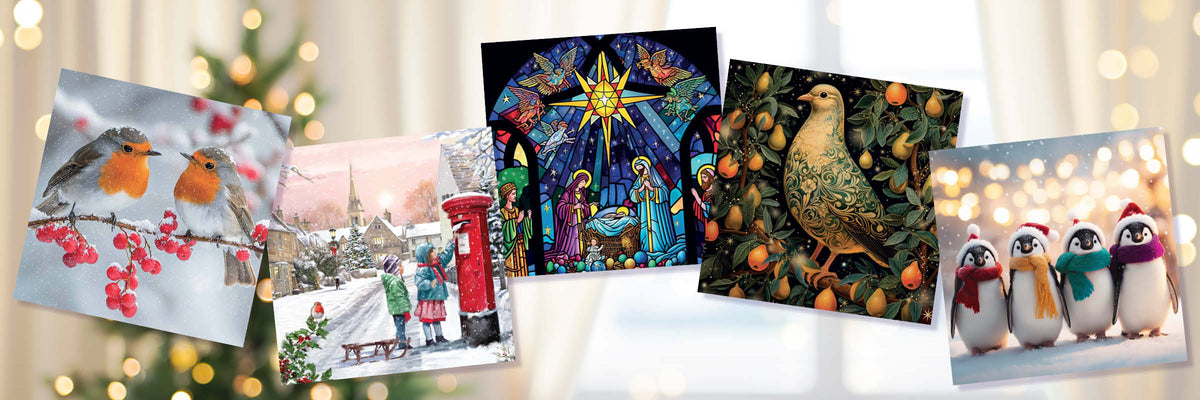 A collage of five Christmas-themed art prints and cards shown at an angle against a softly blurred holiday background. The designs include two orange-breasted birds with red berries, a snowy winter village scene with a red post box, a stained-glass style nativity scene with a glowing star, a bird perched among oranges, and four penguins wearing colorful scarves.